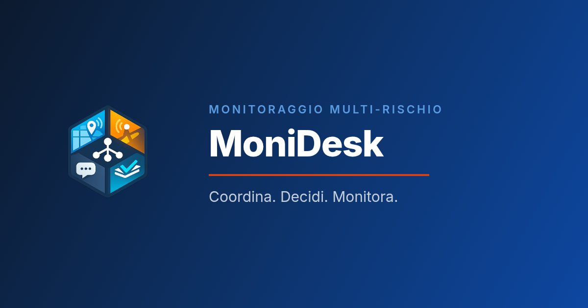 Marchio MoniDesk su fondo blu, con la scritta «monitoraggio multi-rischio» e il payoff «Coordina. Decidi. Monitora.».